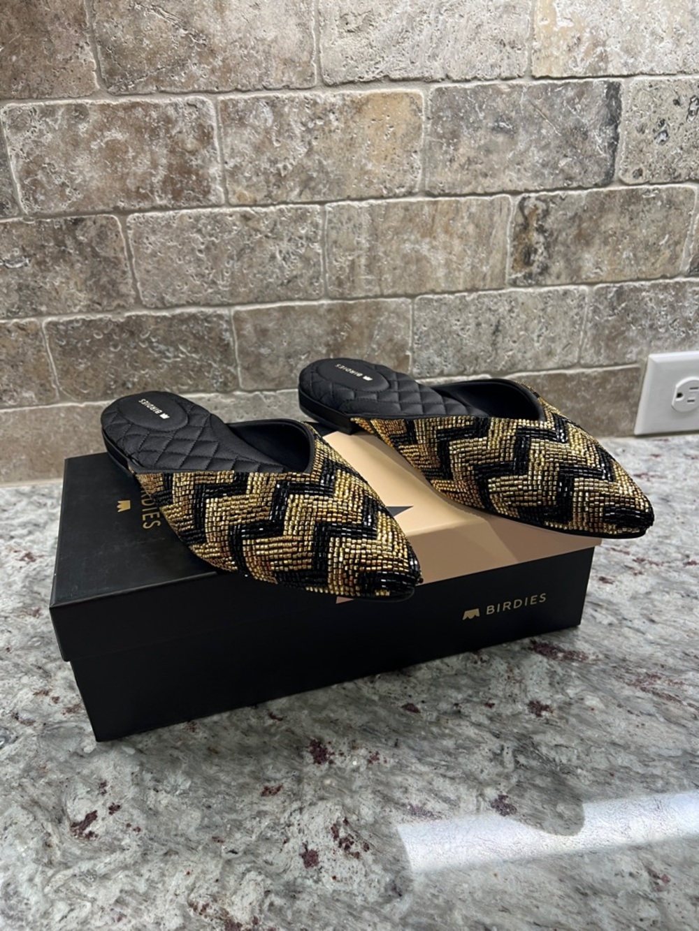 Birdies Black and Gold Beaded Pointed Mules